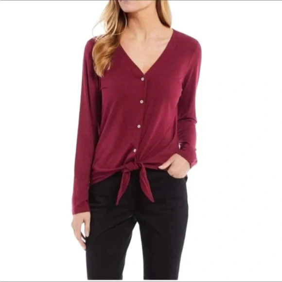 Tommy Bahama Kauai tie front button up top dark pink or red blouse - Picture 1 of 4